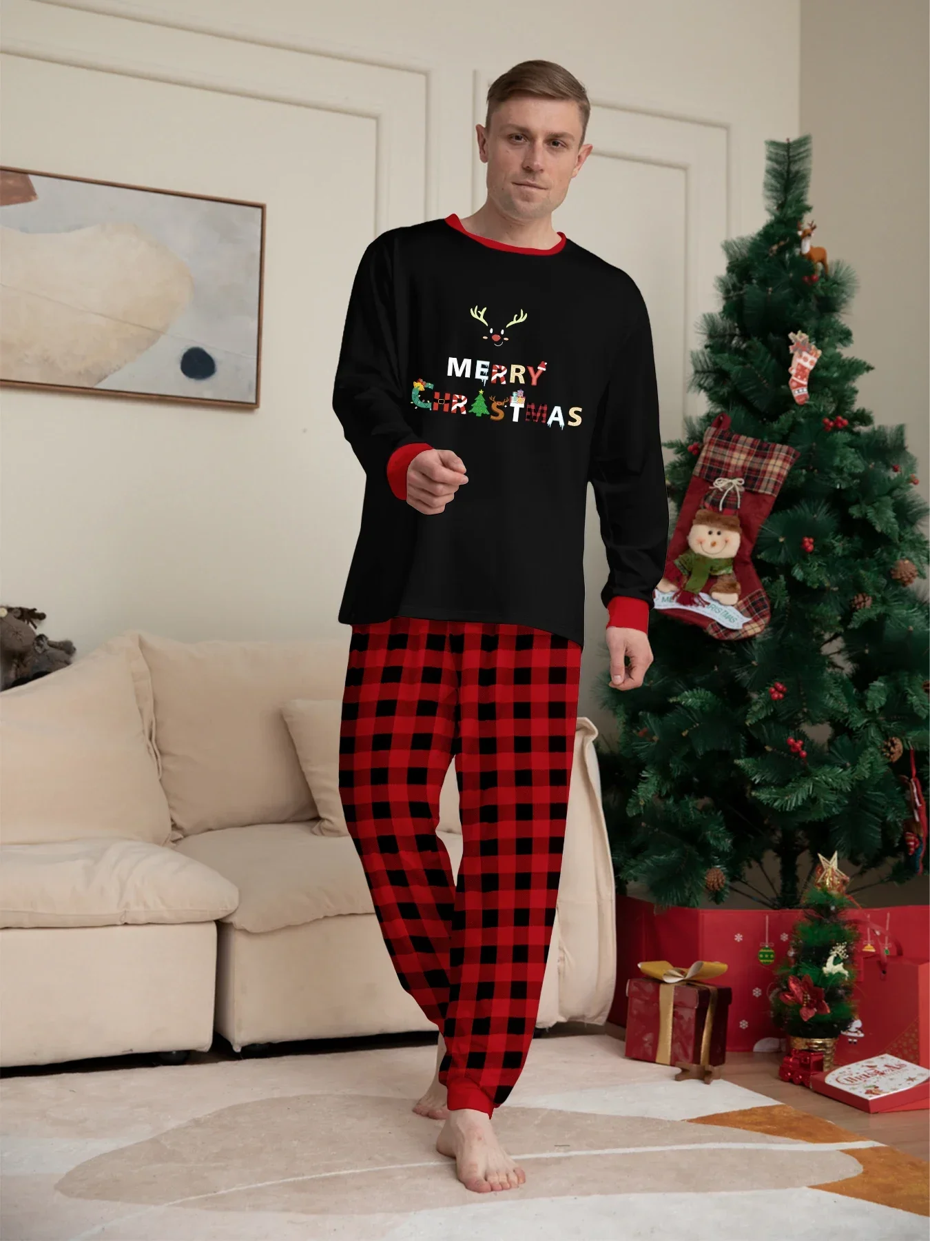 Winter Christmas Pajamas Set Letter Print Parent-child Matching Outfits Soft Cute Homewear Baby Romper Xmas Family Look Pjs