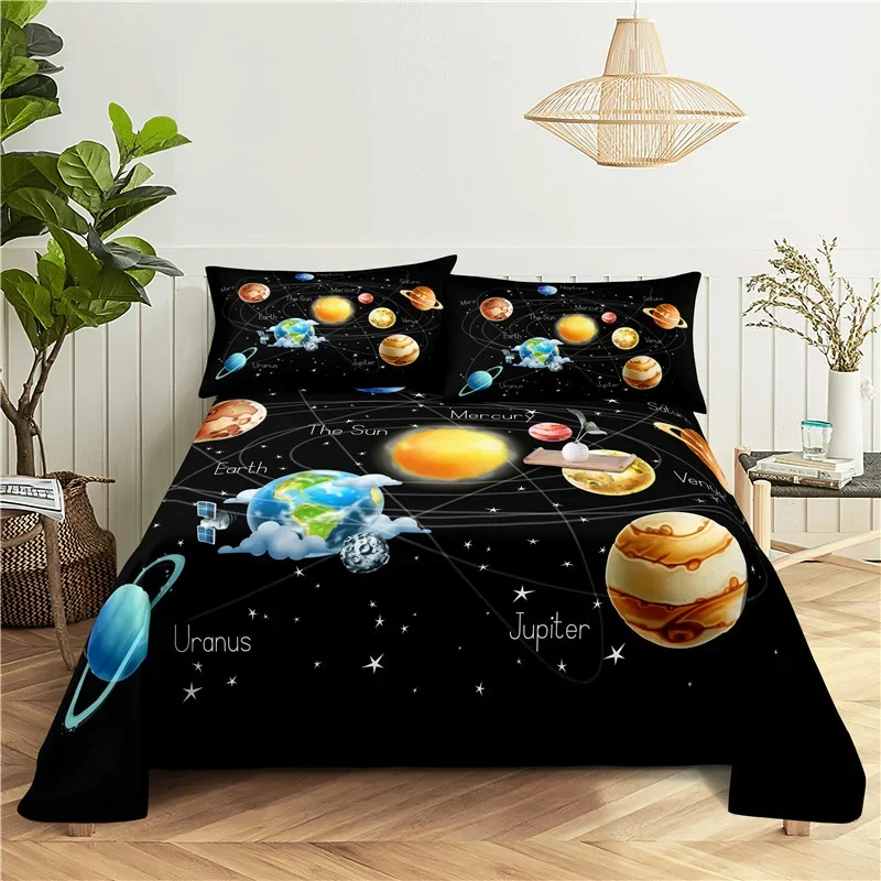 Galaxy Cosmic Planets Bed Sheet Set Soft Polyester Bed Flat Sheet With Pillowcase Romantic Universe Print Bed Sheet Home Textile