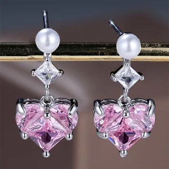 Pink Crystal Love Heart Stone Pendant Simulated Pearl Stud Earrings For Women Vintage Silver Color Wedding Earring Jewelry Gift