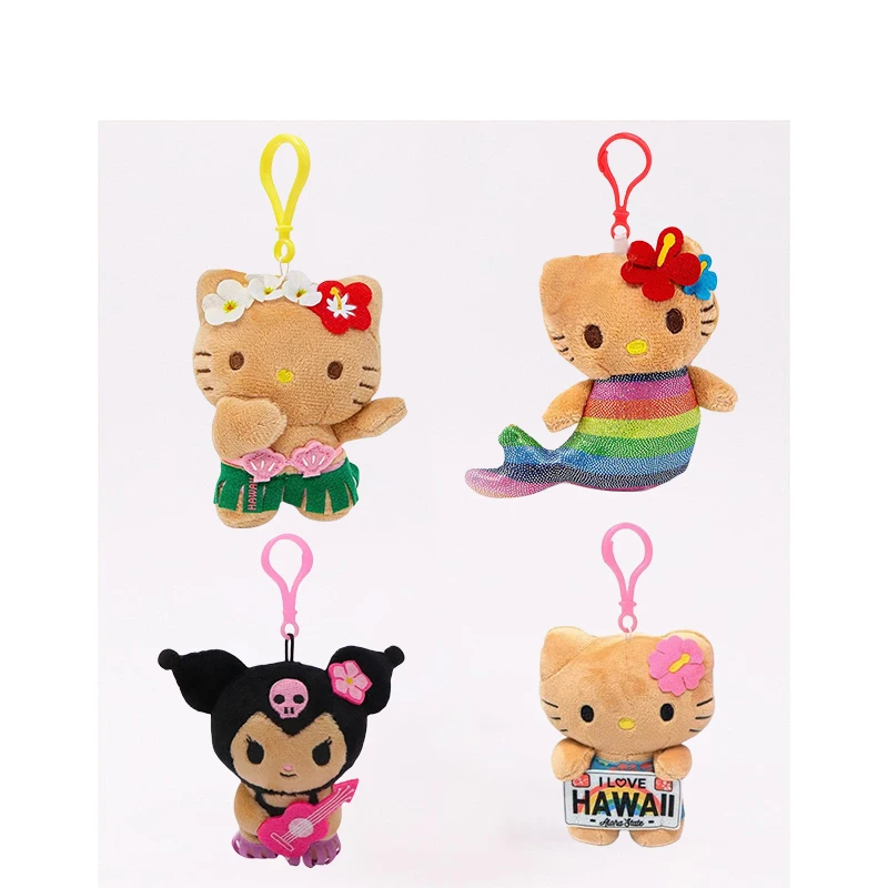 

16cm Anime Sanrio Hello Kitty Kuromi Plush Dolls Filled Keychain Dark Skin Hawaiian Series Cartoon Plush Toys Bag Pendant Charms