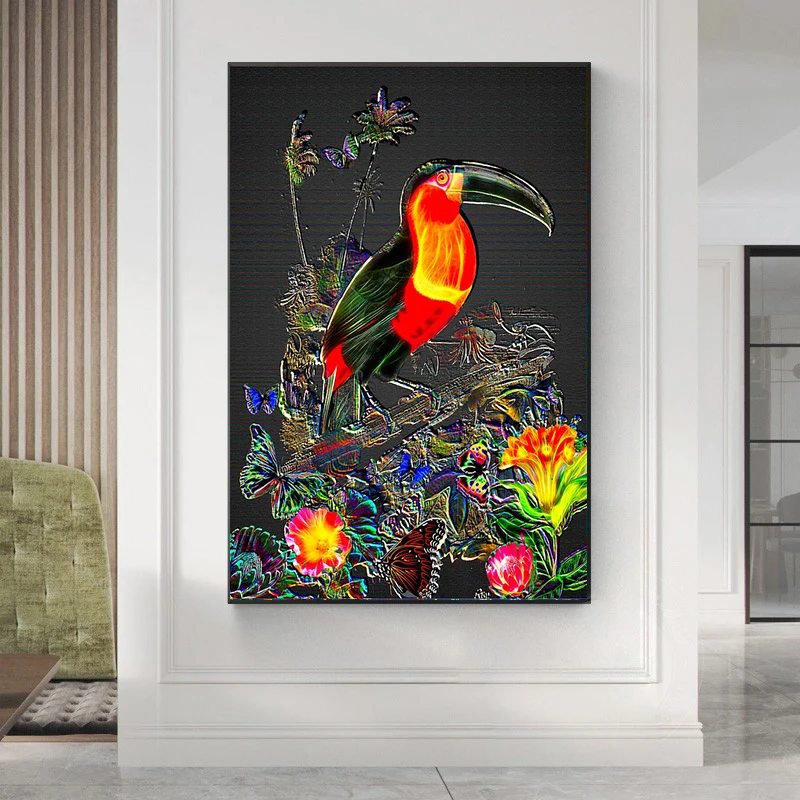 

Woodcut Parrot Butterfly Flower Canvas Prints Bird Animal Poster and Print Abstract Art painting for Living Room Home wall Decor