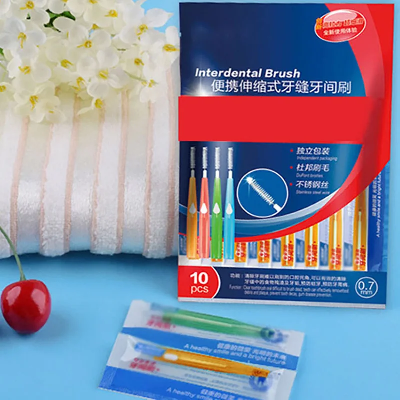 10Pcs/set 0.6/0.7/0.8/1/1.2mm Interdental Brush Telescopic I-shaped Oral Interdental Brushes,Oral Hygiene Cleaning Dental Brush