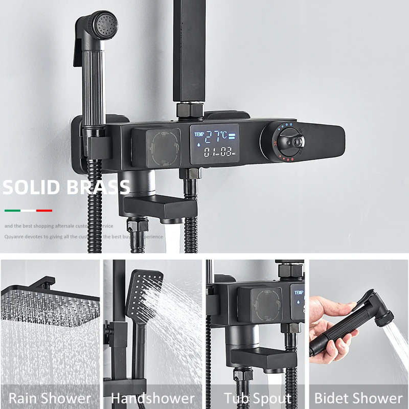 Black Digital Display Thermostatic Shower Faucets Rainfall Shower Thermostatic 4-way Mixer Commodity Shelf Bidet Faucet bathroom shower faucet set bathroom faucet