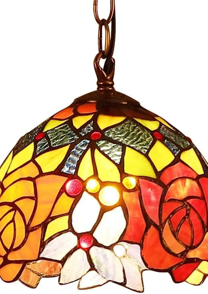 

0127 Rose Tiffany Style Stained Glass Ceiling Pendant Light Fixture with 7-inch Wide Lampshade