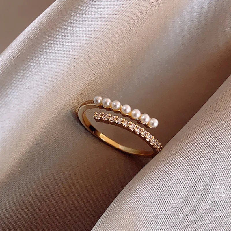 14K Gold Plated Simulated-pearl Beaded Ring for Women Statement Stackable Open Rings 2024 New Trendy Jewelry Accessory