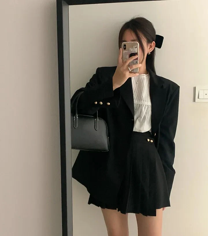 Korean Chic Two-piece Skirt Set Women Single Breasted Blazer Loose Jacket Solid Pleated Mini Skirt Autumn Office Lady Outfits