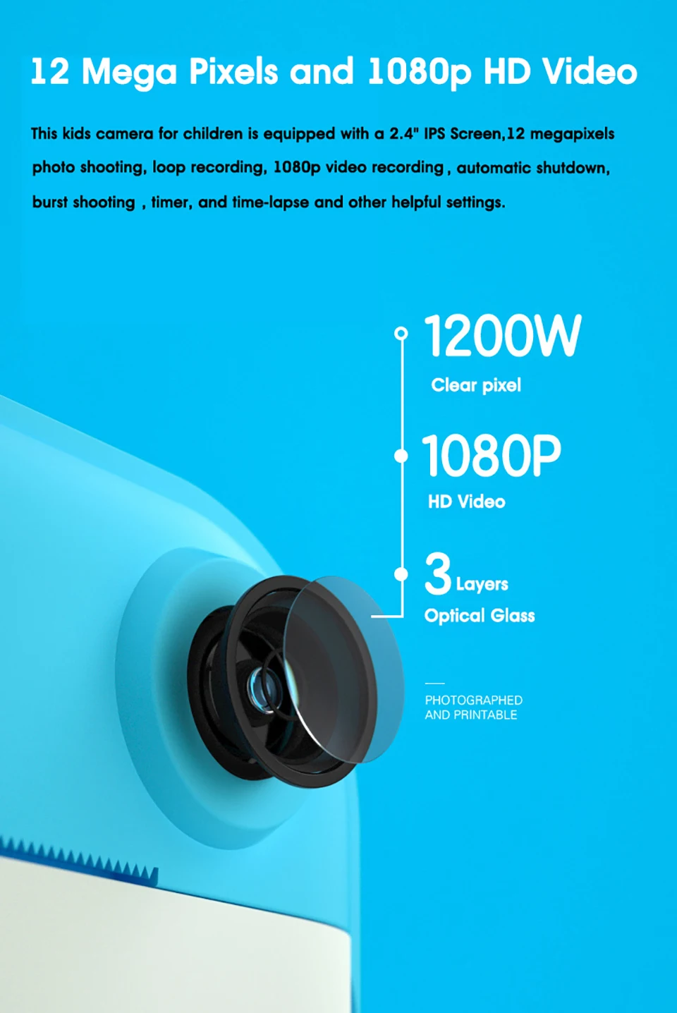 Digital Camera Kids Instant Print Camera 2.4 Inch 1080P HD For Girls Boys