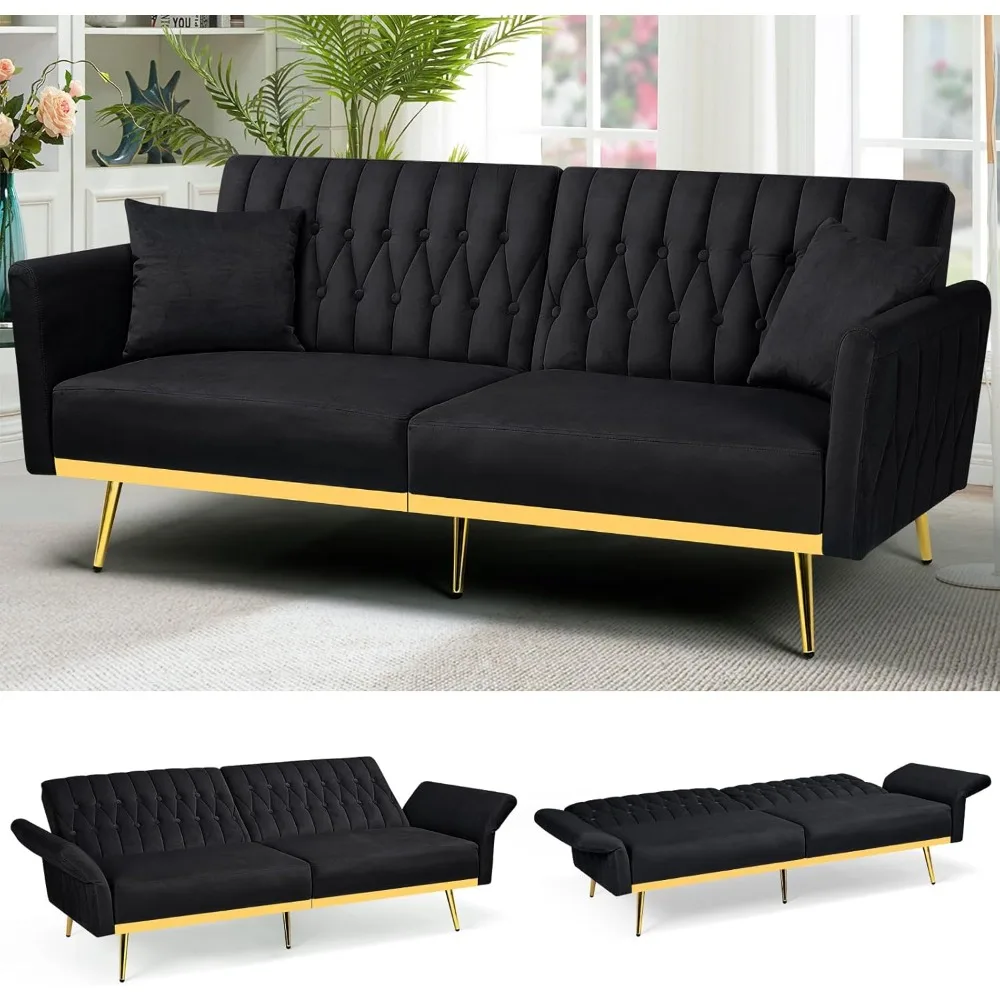 70” Velvet Futon Sofa Bed with Pillows – Convertible Loveseat Sleeper with Adjustable Backrests & Armrests 1