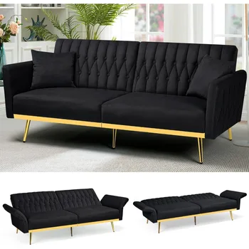 70” Velvet Futon Sofa Bed with Pillows – Convertible Loveseat Sleeper with Adjustable Backrests & Armrests 1