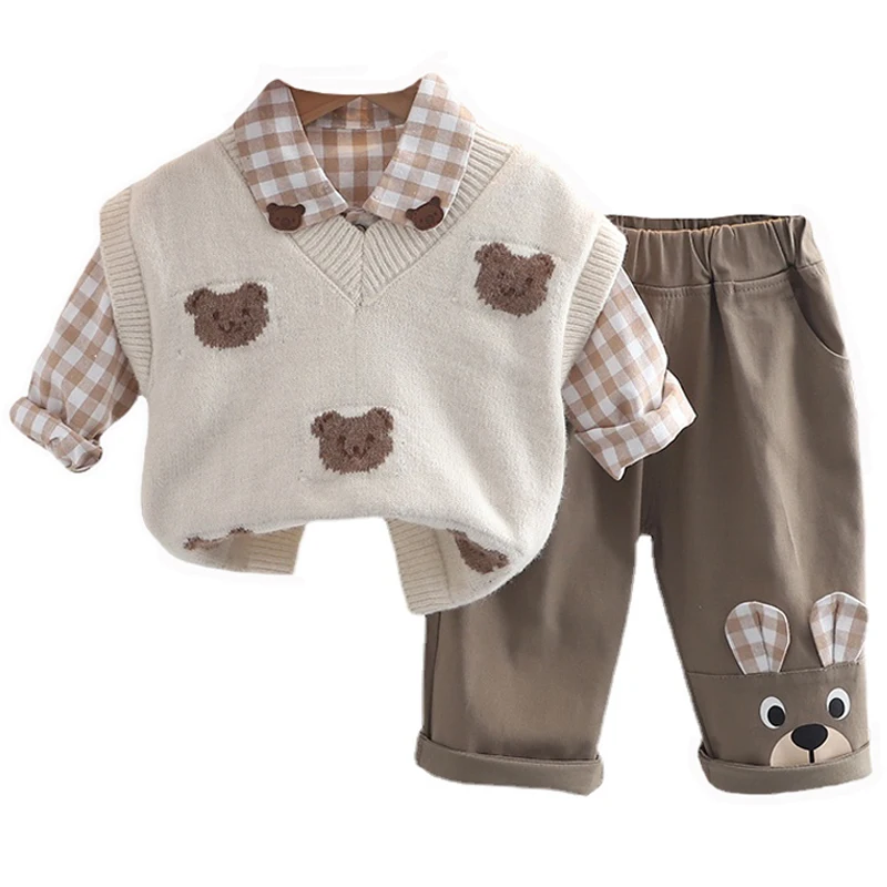 

Kids Clothing Set for Baby Boys Outfits Autumn Children Knitted Vest Stripe Shirt Pants Carttoon Bear Infant Clothes Tracksuit