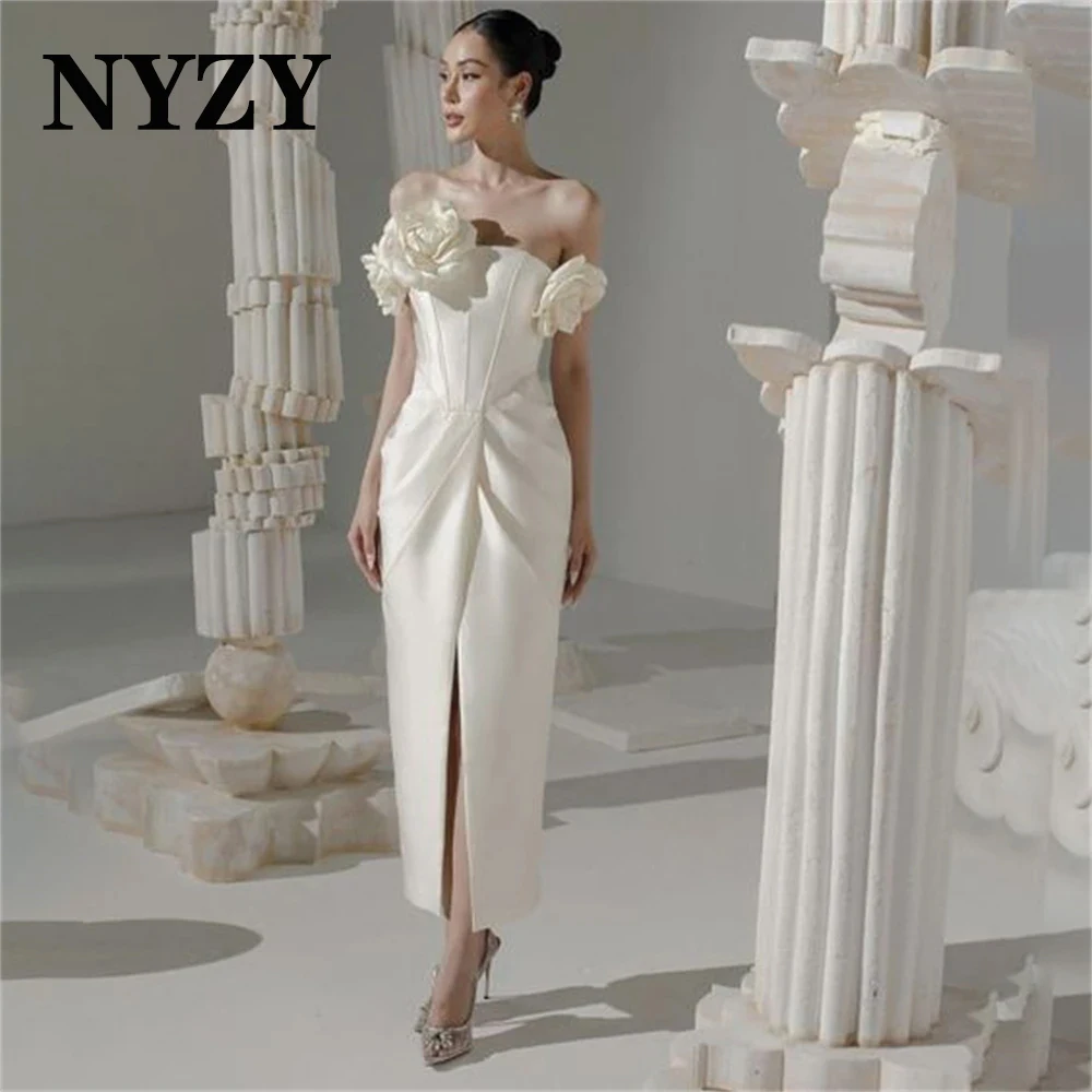 NYZY P166 Short Party Birthday Evening Gowns Satin 3D Flowers Ankle-length Black Cocktail Dresses Made