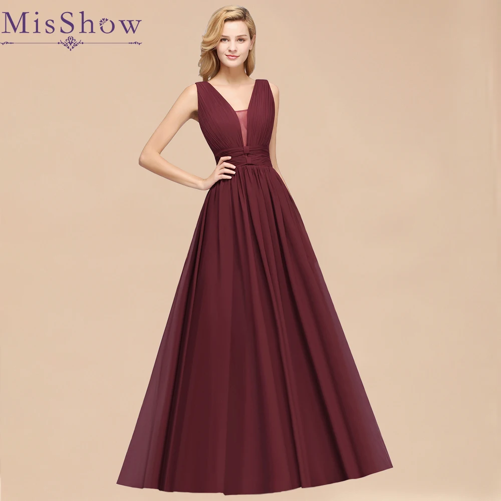 

Elegant Long Bridesmaid Dresses Deep V-Neck Hollow Bow Sash A-Line Evening Prom Gowns Zipper Pleats Wedding Party Dress Vestido