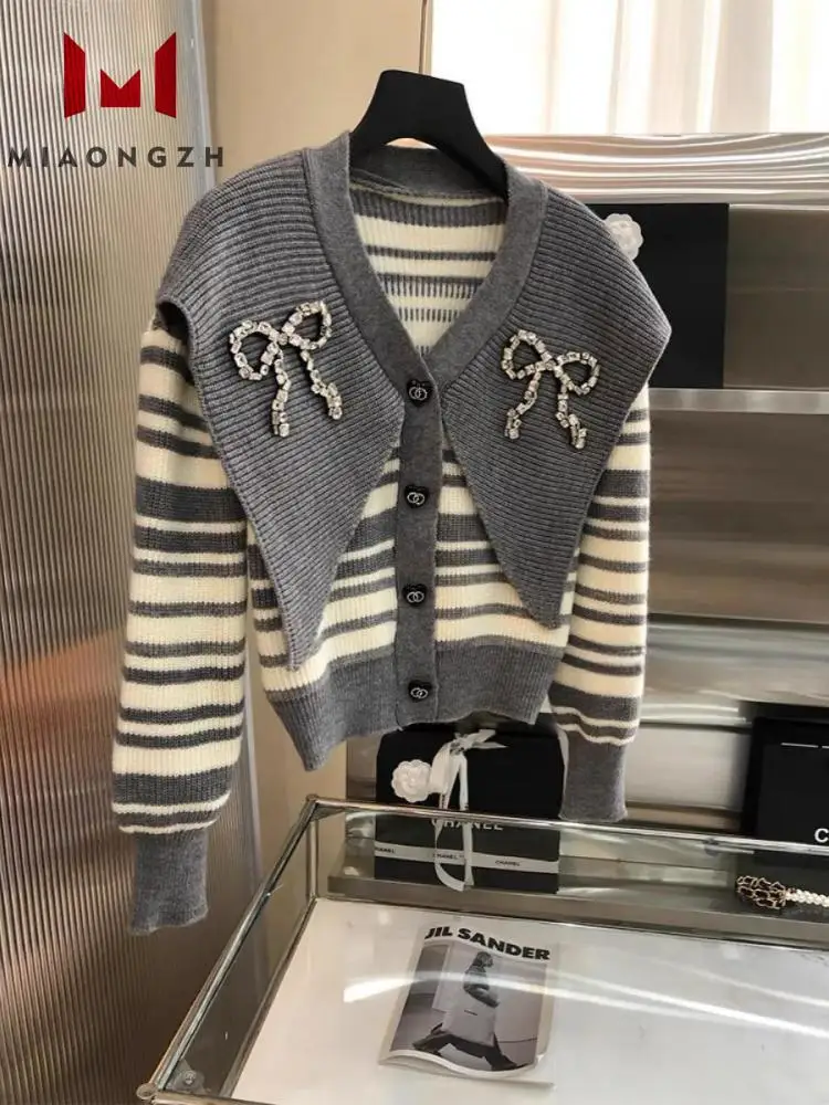 

Women's Knitted Sweater Cardigan Female V Neck Long Sleeve Bow Diamonds 2023 Autumn Winter Hit Color Vintage Warm Cropped Coats