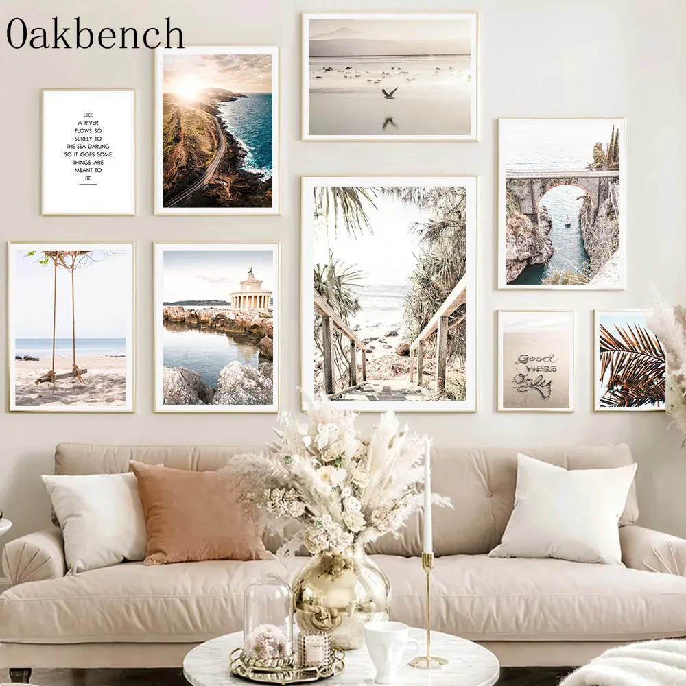 

Natural Landscape Wall Paintings Sea Beach Art Prints Bridge Canvas Poster Swing Girl Print Pictures Nordic Posters Home Decor