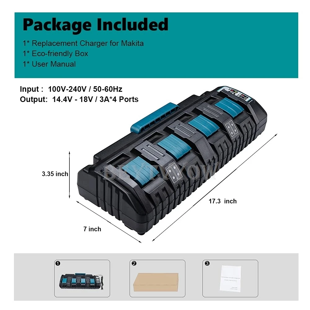 4-Port Fast Charger For Makita 14.4-18V LXT Lithium‑Ion Battery Charger Station