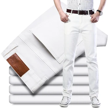 White Jeans Men's Fashion Straight Elastic Cotton Denim Pants Spring Autumn All-match Business Casual Trousers Male Clothes 1