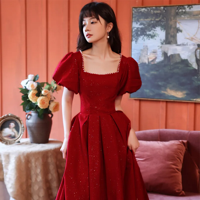 

Burgundy Evening Dress Sweet Princess Square Collar Puff Sleeve Engagement Gown Elegant Velvet Sequin Birthday Party Vestidos