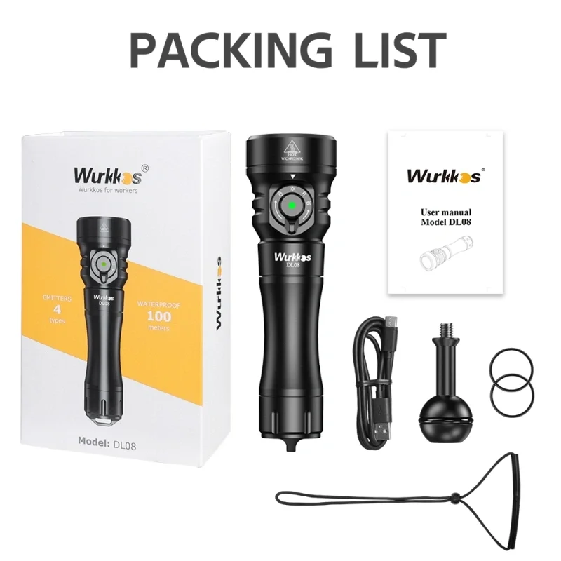 Wurkkos DL08 Diving Lamp 3600LM Rechargeable Flashlight 660nm Red Light 365nm UV Torch 21700 Underwater Lantern Magnetic Switch