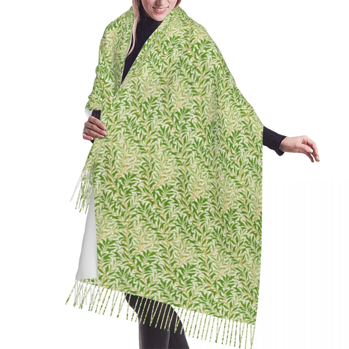 

Female William Morris Willow Bough Pattern Leaf Green Scarves Women Winter Fall Thick Warm Tassel Shawl Wrap Versatile Scarf