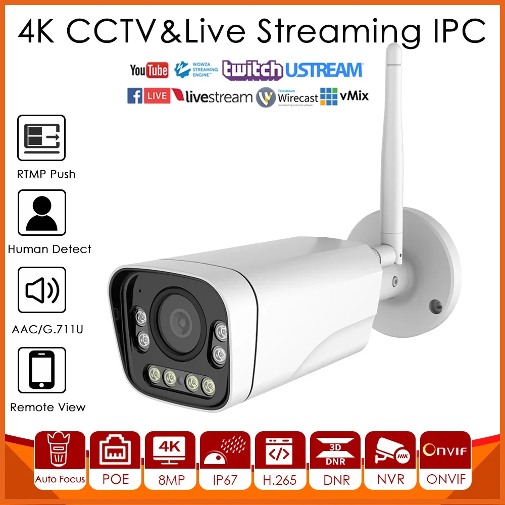 4K 8MP IMX415 Wireless WiFi IP Camera AF Lens Full Colors for Live Streaming Push Video To YouTube Facebook Vimeo Via RTMP Onvif