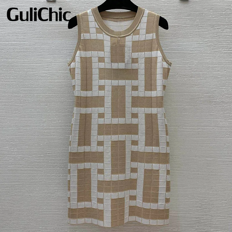 

1.9 GuliChic Women's Fashion Contrast Color Plaid Slim Strecth Knitted Sleeveless Dress 2024 Spring Summer New Women Clothing