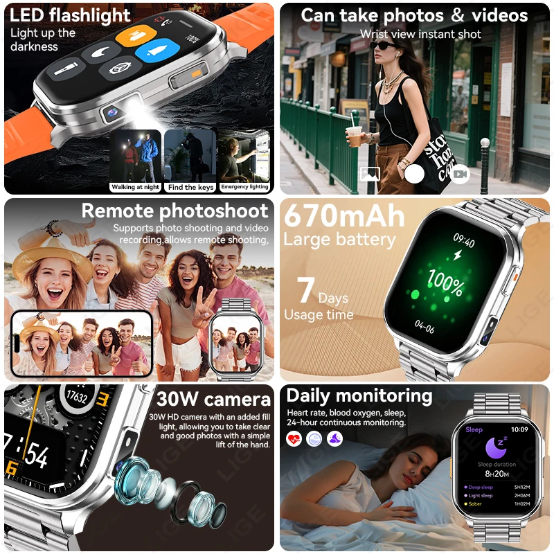 Smartwatch con Fotocamera per Uomo e Donna, Registratore Video e Foto, Monitoraggio Salute, Impermeabile, Fitness, Chiamate Bluetooth, Musica Locale - Image 6