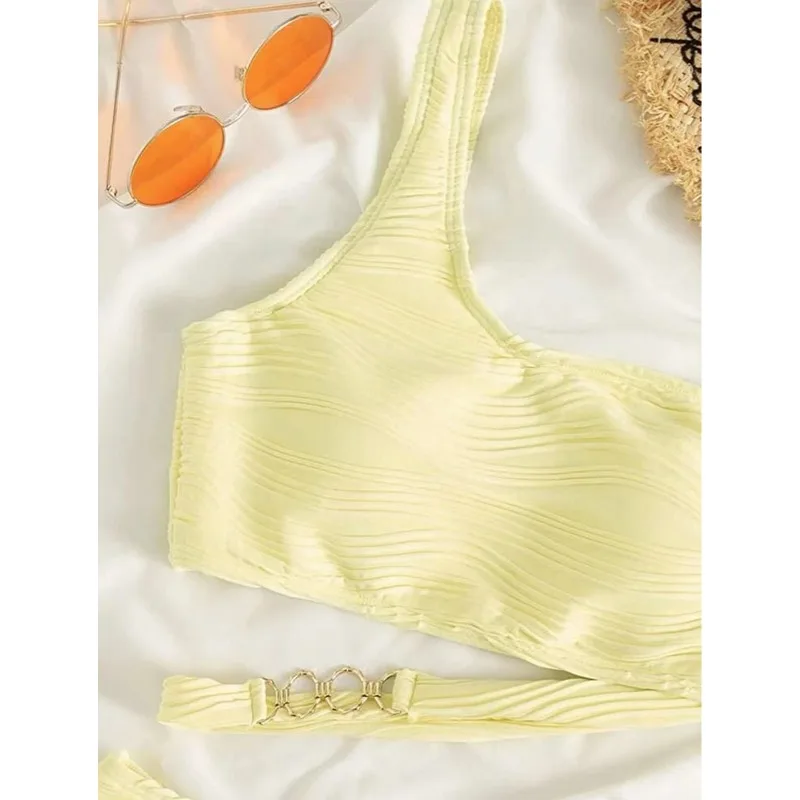 Women's Ribbed Bikini Sets One Shoulder Top with Mid Waist Two Piece Bathing Suit