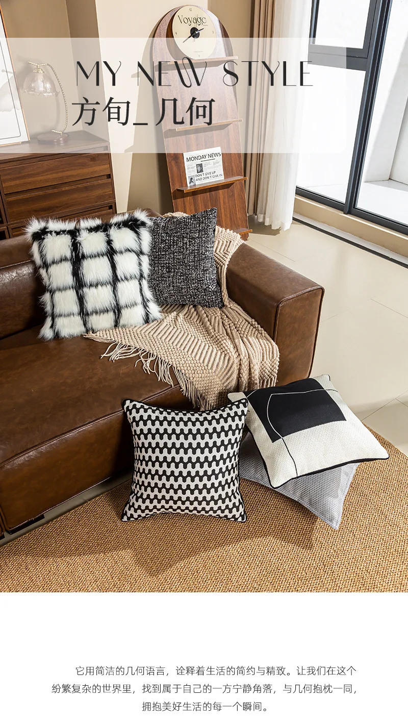 Kissenbezüge aus Kunstfell-Plüsch, schwarz-weiße Patchwork-bestickte Kissenbezüge, luxuriöse dekorative Kissenbezüge für das Sofa – Detail 2