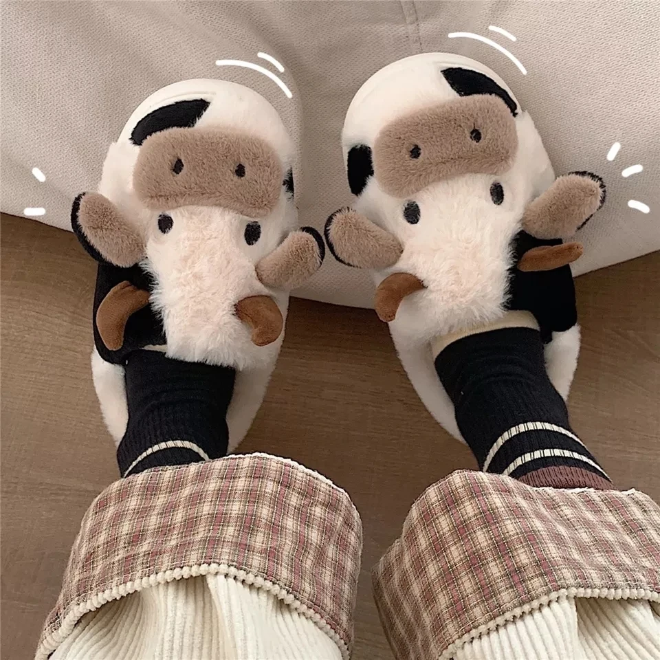 Lifun Cute Furry Slippers For Women Girls Winter Fashion Milk Cow Fluffy Cotton Shoes For Indoor Home Cartoon Animal Warm Slides