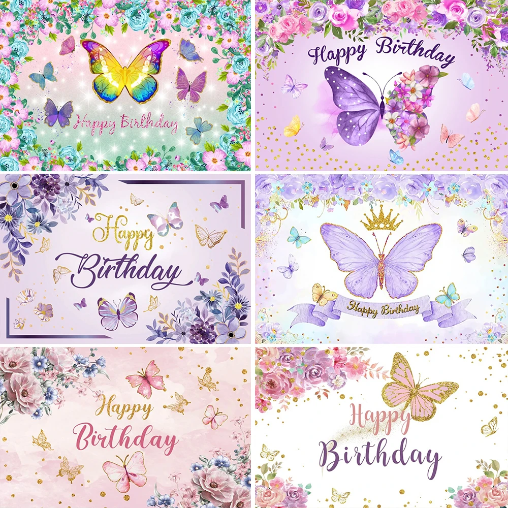 Birthday Backdrop Dreamy Butterfly Theme Photography Child Party Baby Shower Purple Flowers Banner