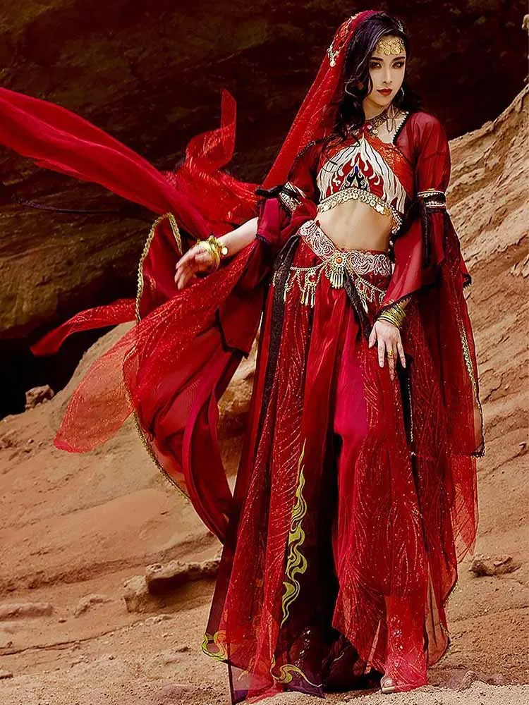 Disfraz de princesa árabe para mujer, vestido de danza del vientre indio,  Hanfu conjunto rojo, fiesta