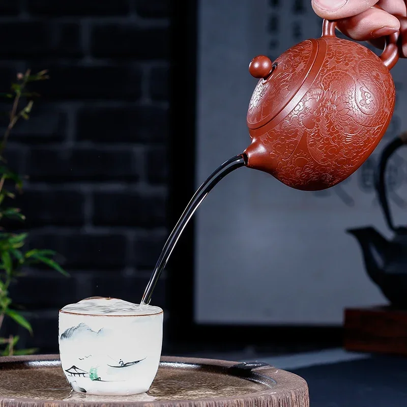 1pc Hand-carved Purple Clay Teapot Handprint Dragon Pattern Raw Ore Dahongpao Kettle Yixing Famous Tea Pot Teaware Tea Ceremony