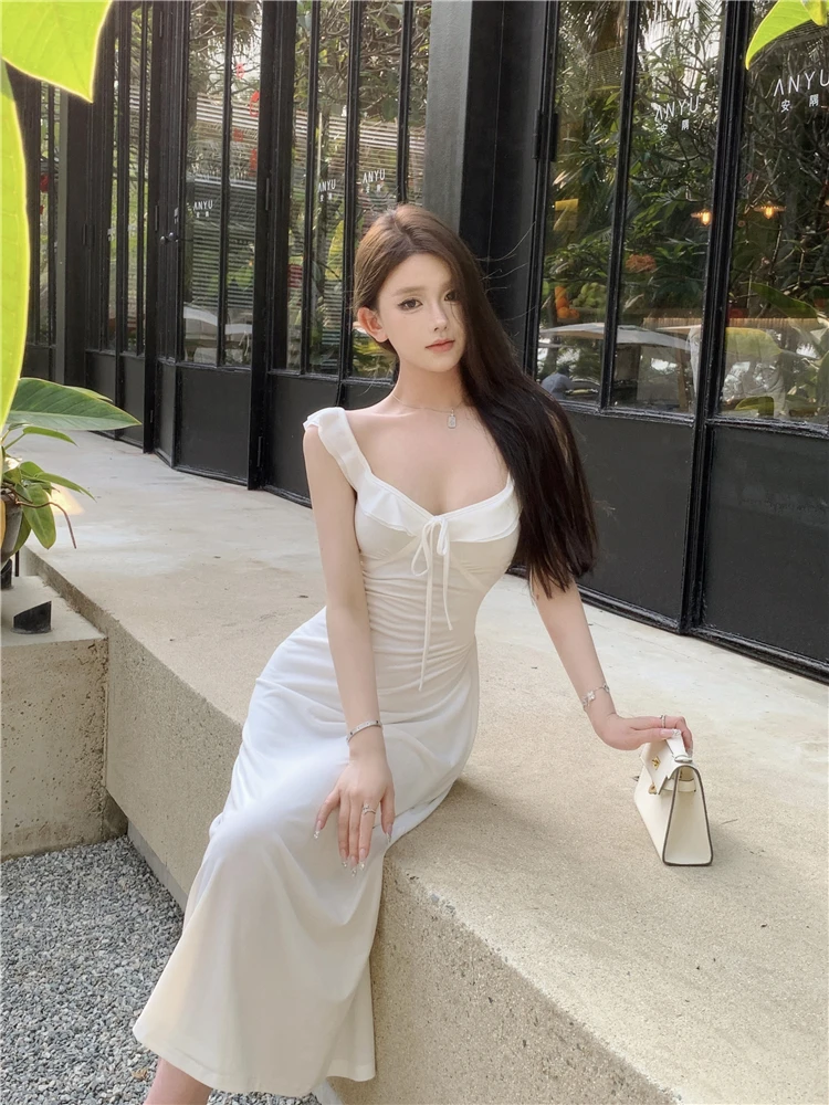 Spaghetti Strap Knitted Dresses for Women Lace-up Slim Solid Square Collar Elegant Sexy Korean Fashion Vestidos Mujer New