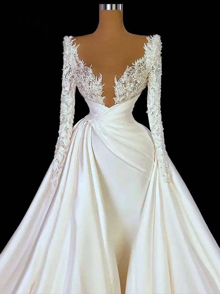 Elegant Deep V Neck Wedding Dresses With Train Lace Long Sleeves Turkish Kaftans Pearls Bridal Gowns Beaded Vestido De Novia