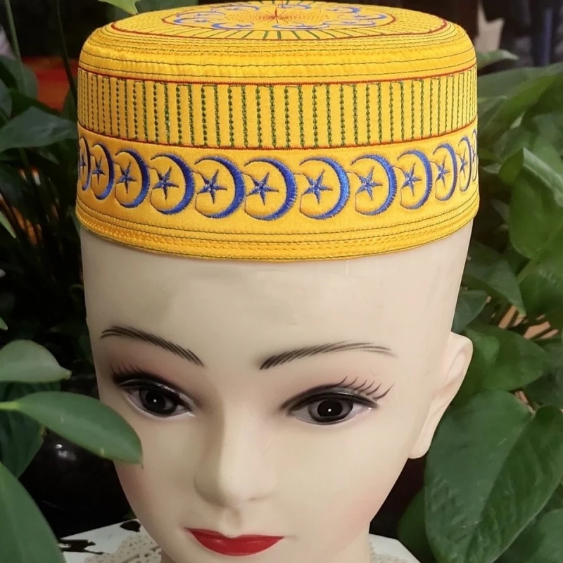 Muslim Caps For Child Prayer Hat Embroidery Kufi Kippa Islam Hijab Saudi Arabia Jewish Moon Star Luxry High Quality Red Yellow