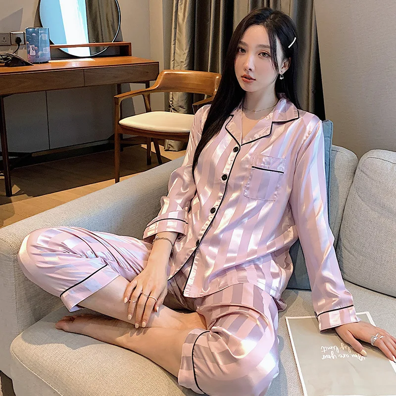 Women Pajamas Sets Faux Silk Satin Pyjamas Female Pijamas Lapel pjs Long Sleeve Shirt Pants Suit Sleepwear Homewear Loungewear