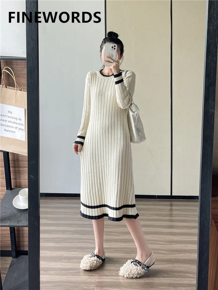 

FINEWORDS Korean Winter Knitted Dress Long Sleeve Vintage Long Dress Elegant O Neck Casual Warm Harajuku Striped Sweater Dress