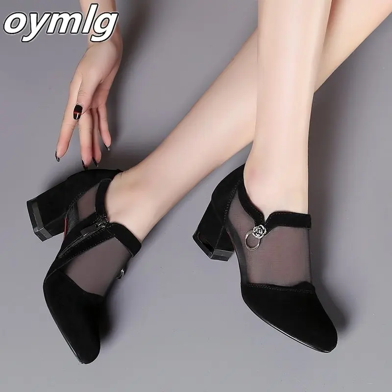 Summer Women High Heel Shoes Mesh Breathable Pumps Zip Pointed Toe Thick Heels Fashion Female Dress Shoes Elegant Footwear 3