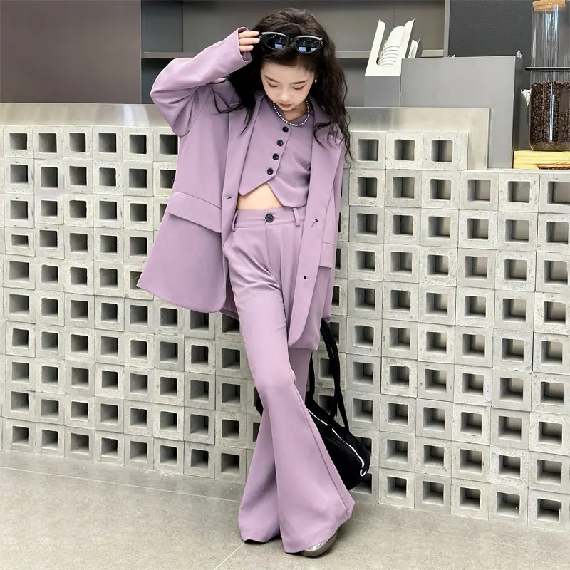 Teenage Girls Suits Blazer 3Pcs Vest+Jackets+Flare Pants Solid