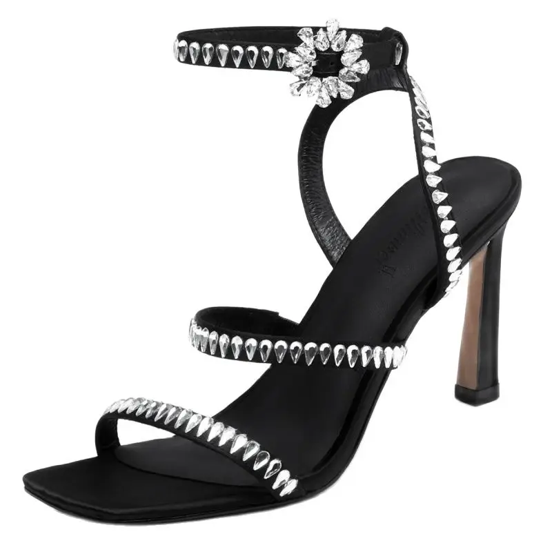 

Women's Sandals Crystal Decoration Summer 2023 Luxury Design Black Thin High Heels Open Toe Square Head Ankle Straps Party Shoes