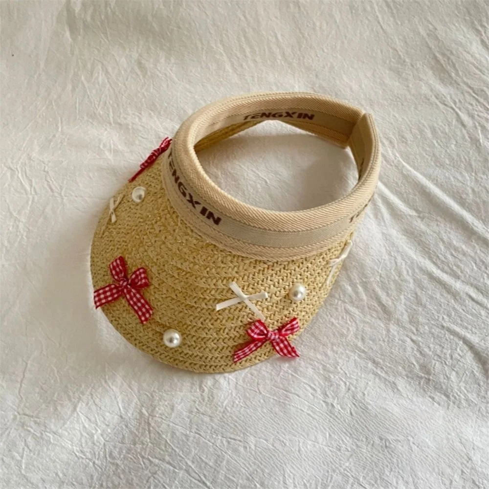 Bowknot Kids Summer Straw Hat Wide Brim Empty Top Large Brim Sun Visor Cap UV Protection Breathable Empty Top Baseball Cap