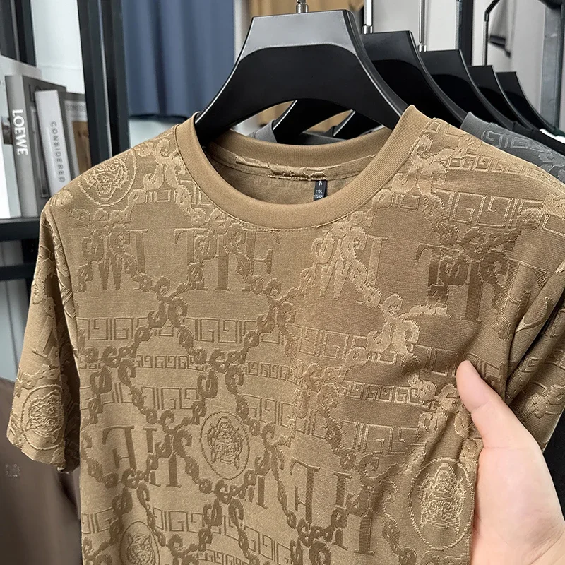 Herren Kurzarm-T-Shirts mit diskretem Jacquardmuster, Rundhalsausschnitt, lockerer Passform, knitterarm, leicht, modische Oberteile für Männer
