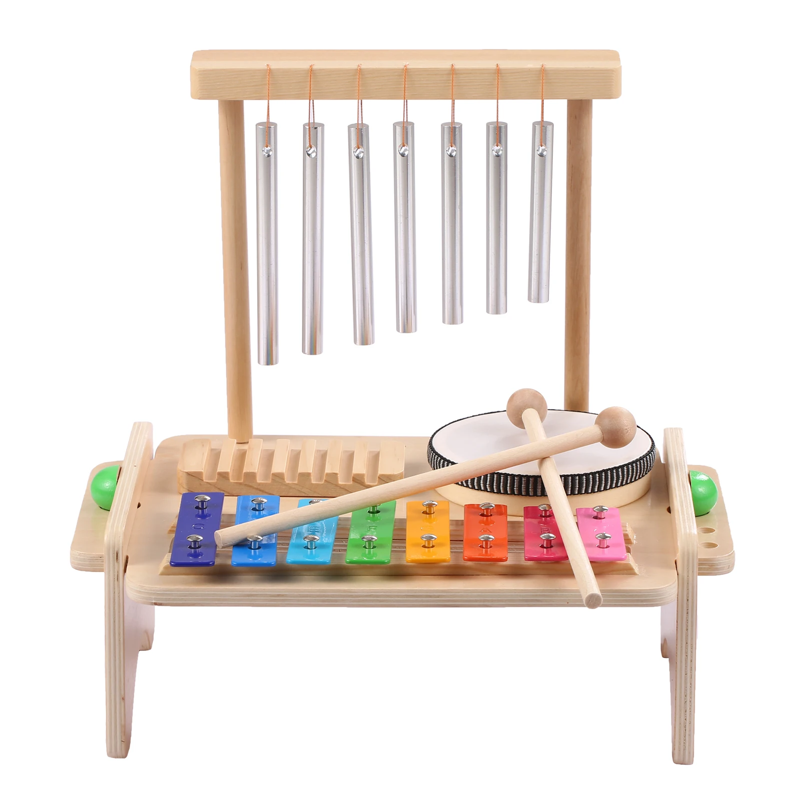 Wind Chime Combination Set Kids Drum Set Xylophone Drum Wood Guiro Scraper 4-in-1 Musical Instruments for Kid Gift Musical Percussion Toy Guiro Scraper