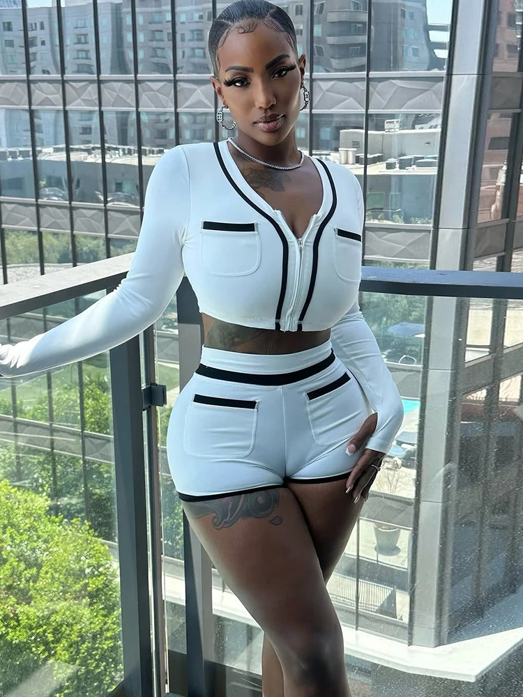 Nibber Stripe Fashion 2-Piece Set Women Pocket Decoration Zipper o-Neck Long Sleeve Crop Tops+Elastic Waist Shirt Skinny Suits