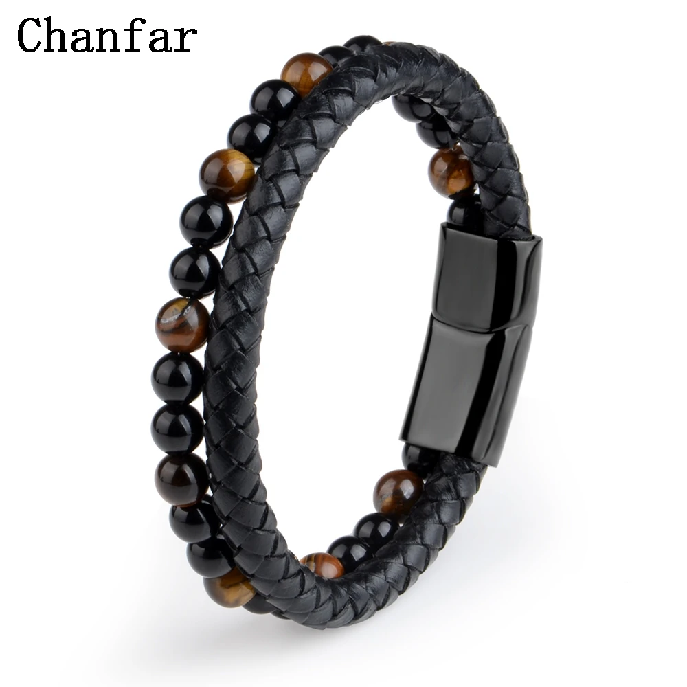 Natural Stone Bracelet Genuine Leather Braided Bracelets Black Stainless Steel Magnetic Clasp Tiger eye Bead Bangle Men Jewelry bracelet jewelry