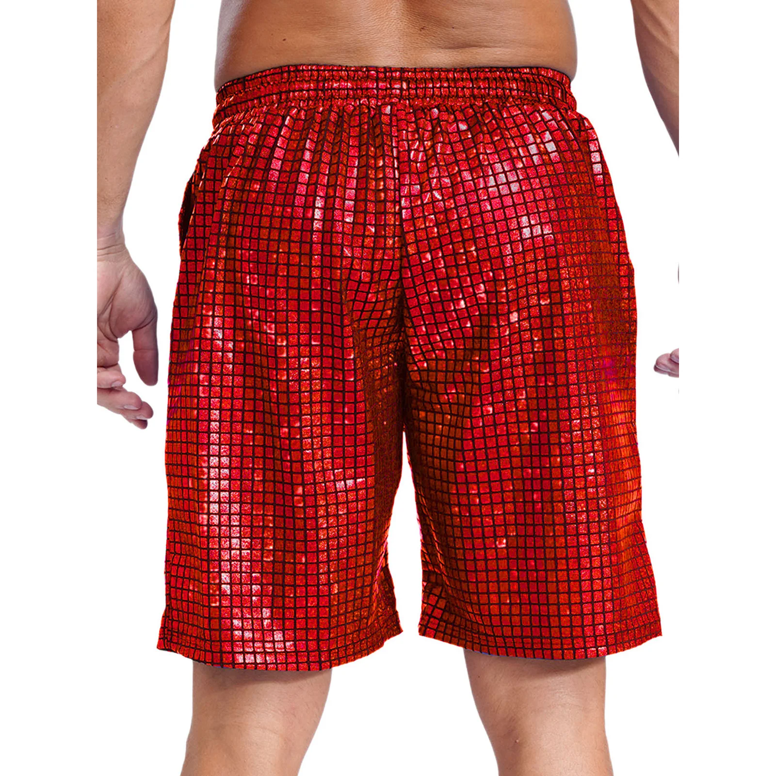 Mens Loose Beach Shorts Loungewear Shorts Checkerboard Metallic Shiny Swimming Boxer Shorts Drawstring Elastic Waistband Pockets 3
