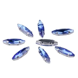 Pack of 20 Glass Sew-On Rhinestones with Claw Setting - Horse Eye Shape on Silver Metal Base (Blue)