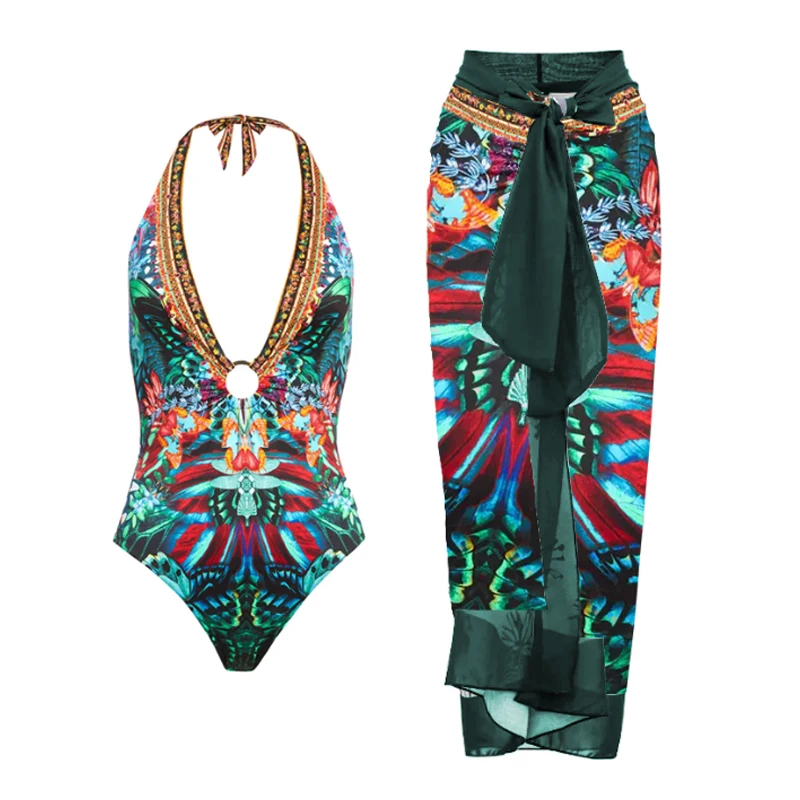 

One-piece Swimsuit Women Bikini Set Ring Connection Lace Up Sexy Bodysuits 2023 New Beach Bathing Suit Halter Strppy Swimwear