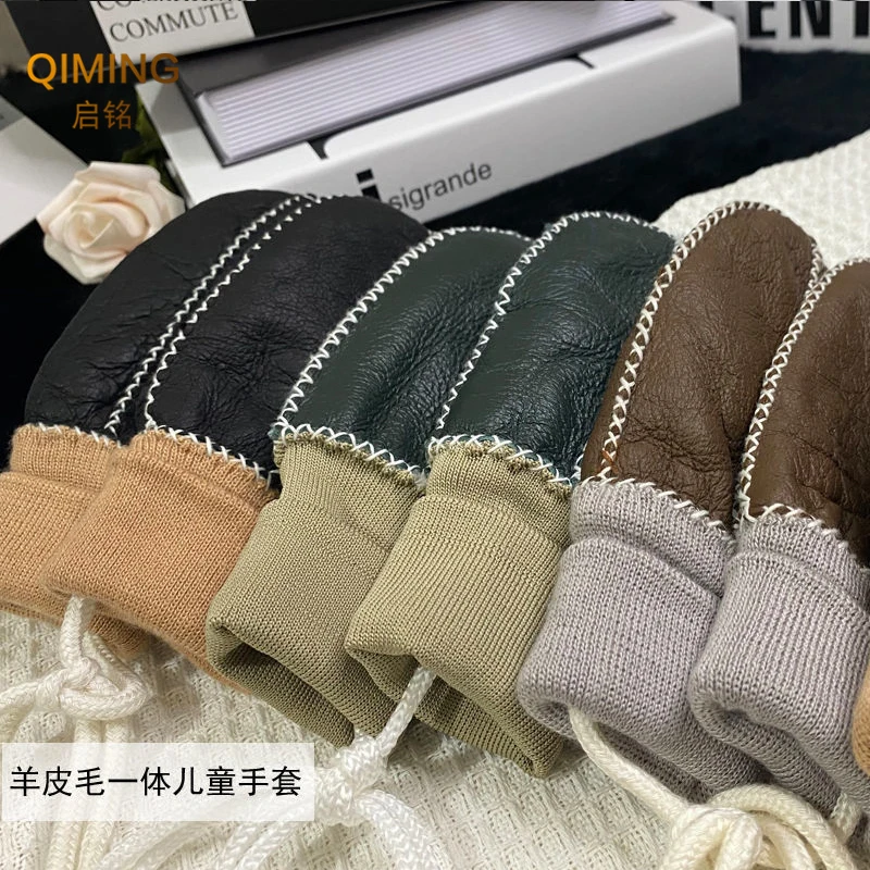 Winter Outdoor Girl Mittens Boys Kids Real Sheep Fur Gloves Warm Wool Gloves Children's Sheepskin Leather Plush Guantes Mitten