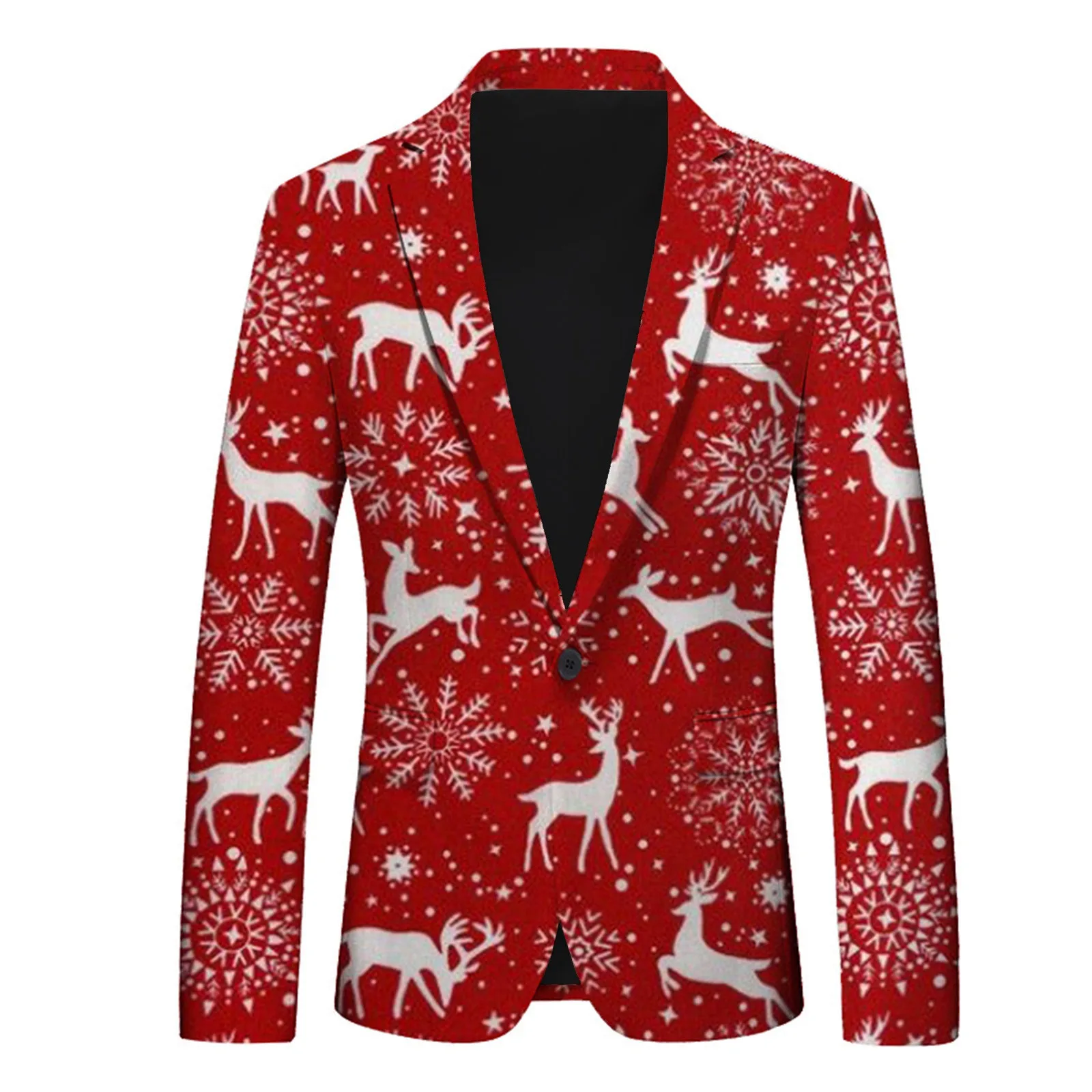 Snowflake Print Men's Christmas Blazer Jackets Pocket Lapel Slim Fit Button Up Suit Coat Party Wear for Wedding